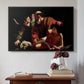 Black floater framed canvas featuring The Sacrifice of Isaac (Uffizi Version), c. 1603 by Caravaggio above an entryway table in a minimalist foyer.
