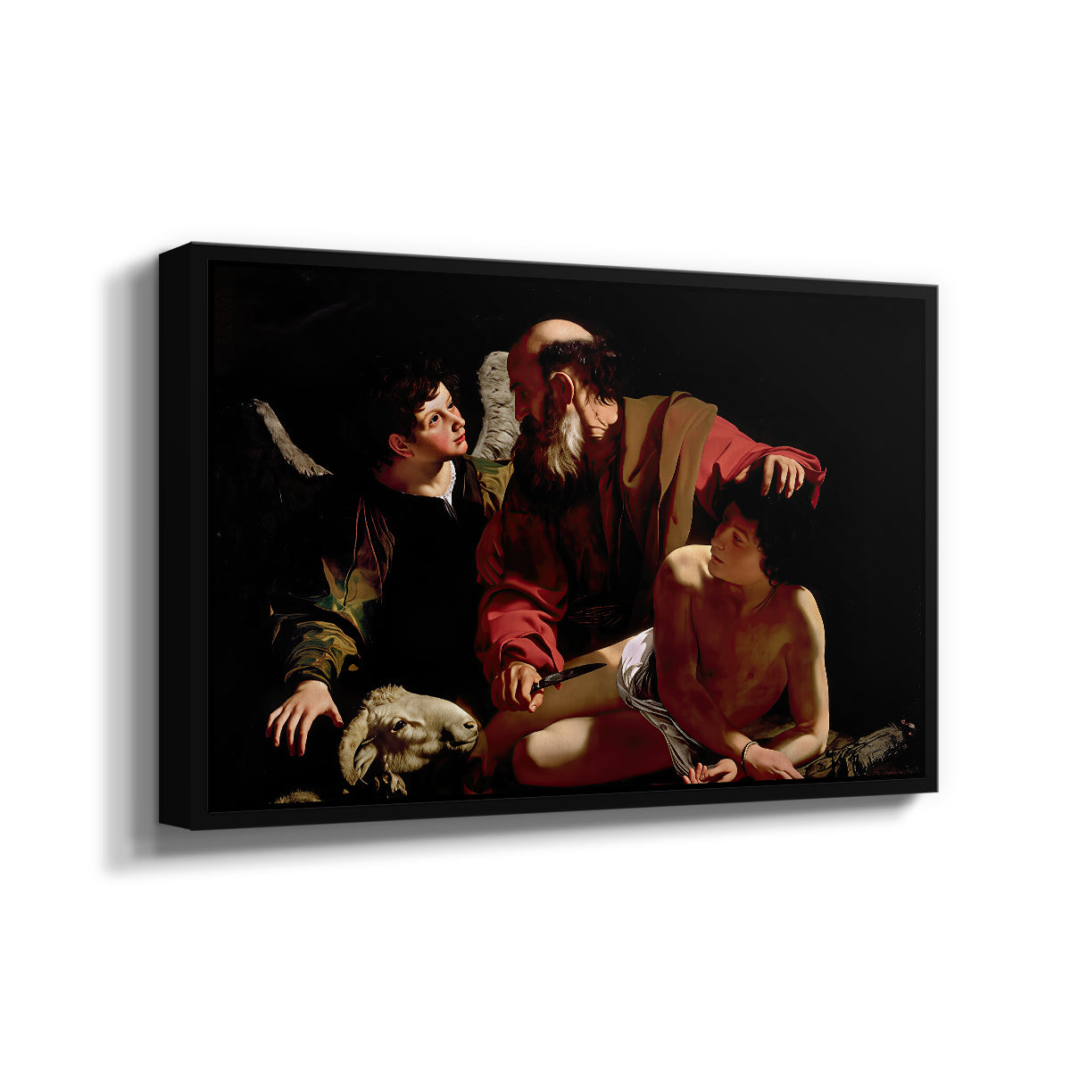 Angled view of The Sacrifice of Isaac (Uffizi Version), c. 1603 by Caravaggio in a black floater framed canvas.