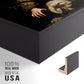 Close-up of the black floater frame corner and gallery wrapped canvas construction.