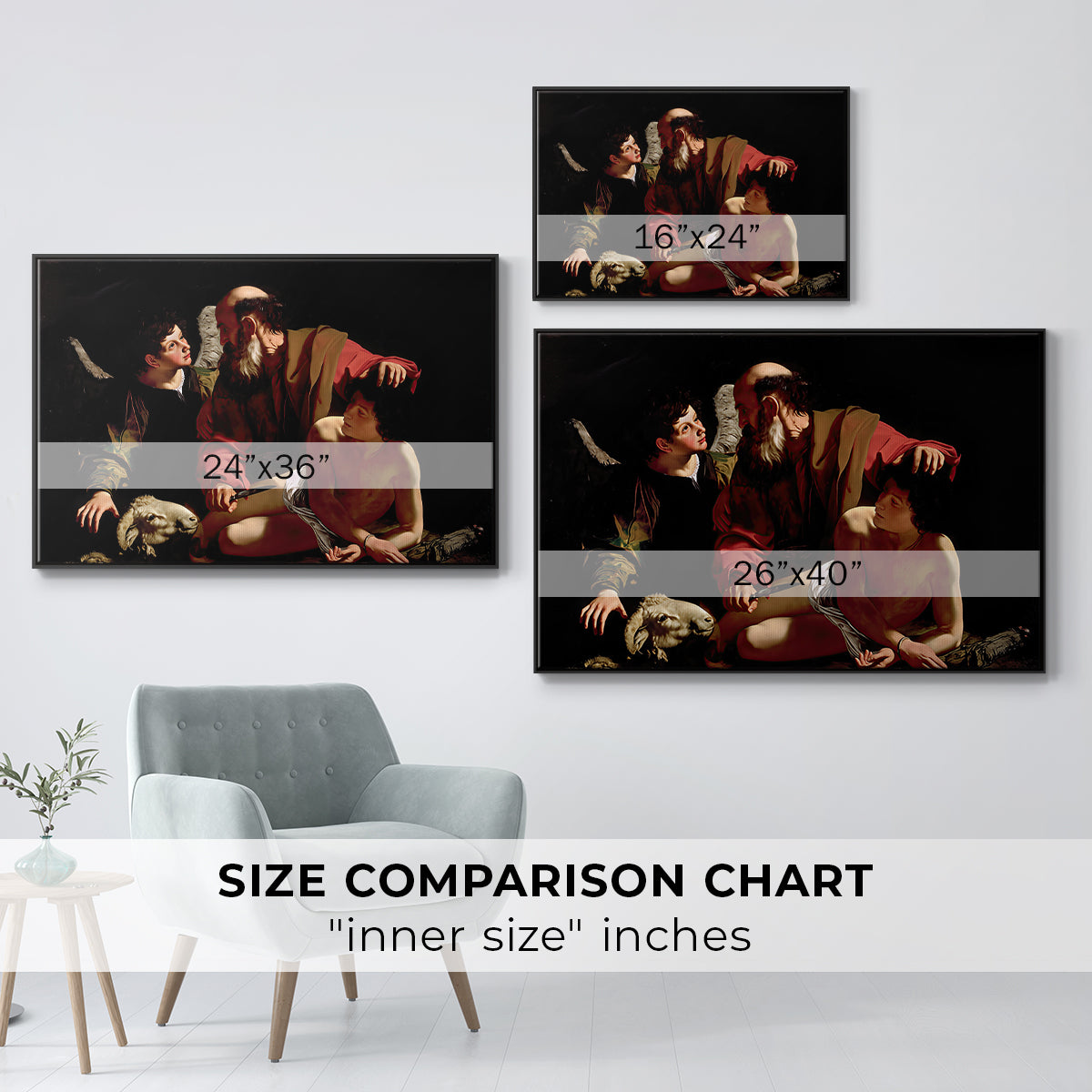 Size comparison chart for black floater framed canvas featuring The Sacrifice of Isaac (Uffizi Version), c. 1603 by Caravaggio.