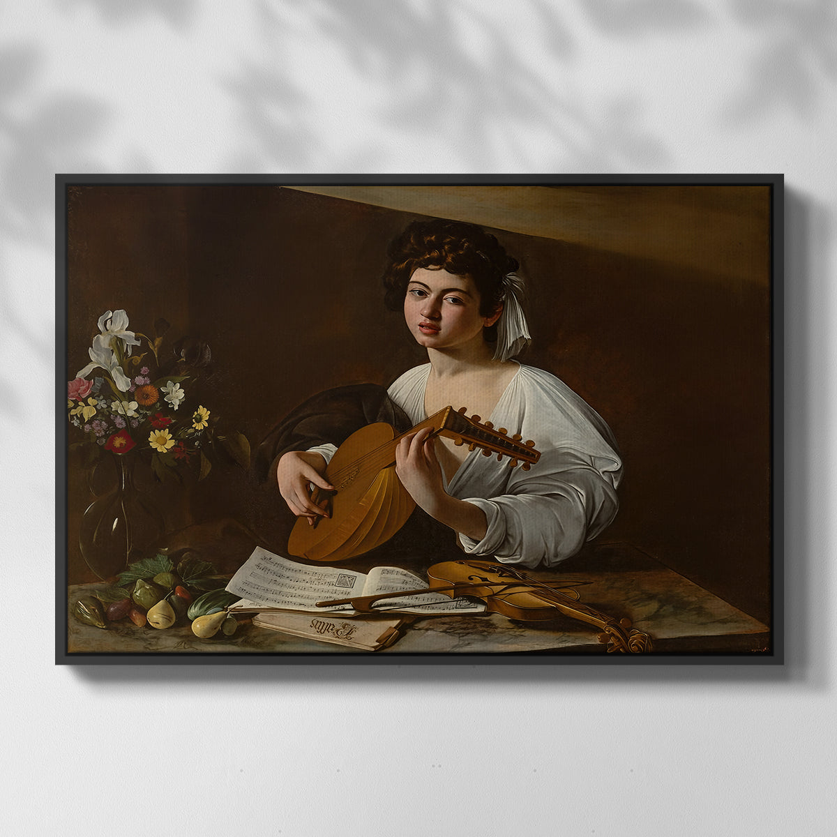 Front view of The Lute Player (Hermitage Version), c. 1596 by Caravaggio in a black floater framed canvas.