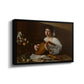 Angled view of The Lute Player (Hermitage Version), c. 1596 by Caravaggio in a black floater framed canvas.