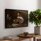 The Lute Player (Hermitage Version), c. 1596 by Caravaggio, presented in a black floater framed canvas featuring a young musician playing lute beside table with fruit and sheet music, displayed above a hallway console table.