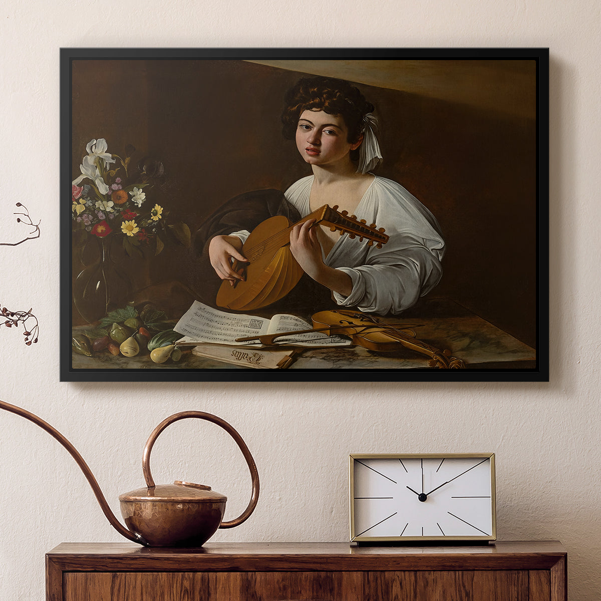 Black floater framed canvas featuring an intimate musical scene with instrument and decorative objects, displayed above a cabinet in a soft-toned living room.