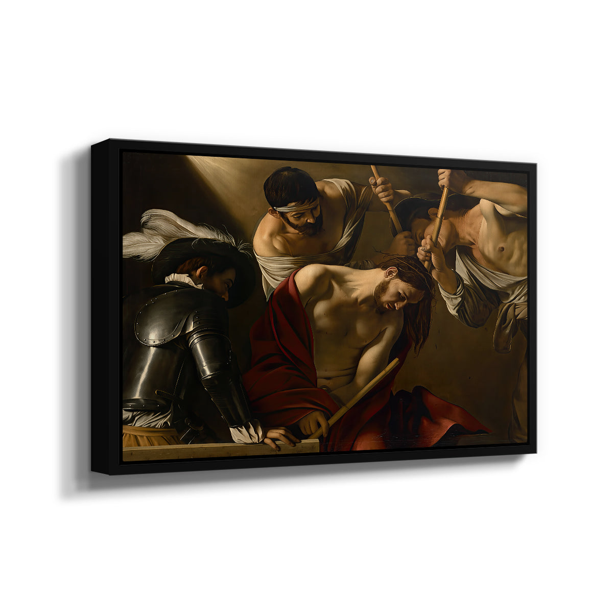 Angled view of The Crowning with Thorns (Vienna Version), c. 1602-1604 by Caravaggio in a black floater framed canvas.