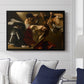 The Crowning with Thorns (Vienna Version), c. 1602-1604 by Caravaggio displayed above a sofa in a living room in a black floater frame, featuring a biblical scene of Christ being mocked and crowned with thorns.