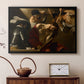 Black floater framed canvas featuring a dramatic depiction of figures forcing thorn crown onto Christ, displayed above a cabinet in a soft-toned living room.
