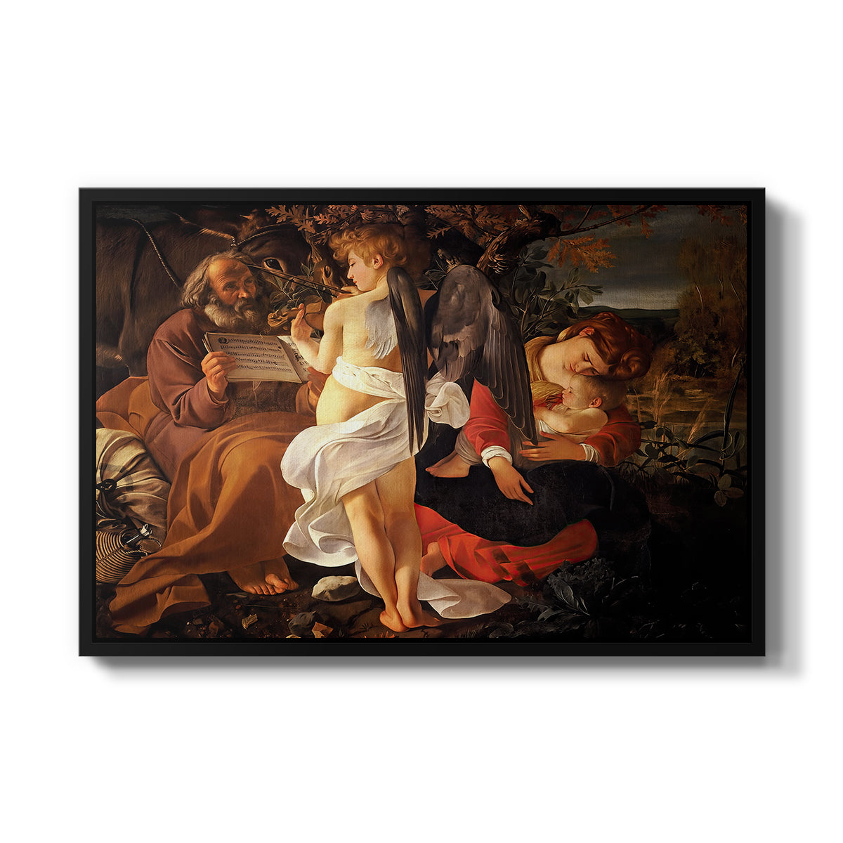 Rest on the Flight into Egypt, c. 1597 by Caravaggio in a black floater framed canvas wall art display.