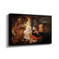 Angled view of Rest on the Flight into Egypt, c. 1597 by Caravaggio in a black floater framed canvas.