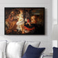Rest on the Flight into Egypt, c. 1597 by Caravaggio displayed above a sofa in a living room in a black floater frame, featuring a biblical scene of Mary, Joseph, and infant resting with angel musician.