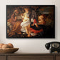 Rest on the Flight into Egypt, c. 1597 by Caravaggio in a black floater framed canvas displayed above a console table in a hallway, featuring a Baroque landscape with angel playing music for resting travelers.