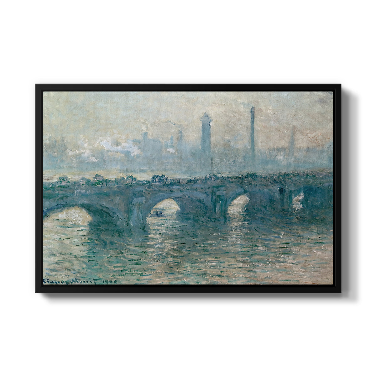 Waterloo Bridge, Gray Weather, 1900 by Claude Monet in a black floater framed canvas wall art display.