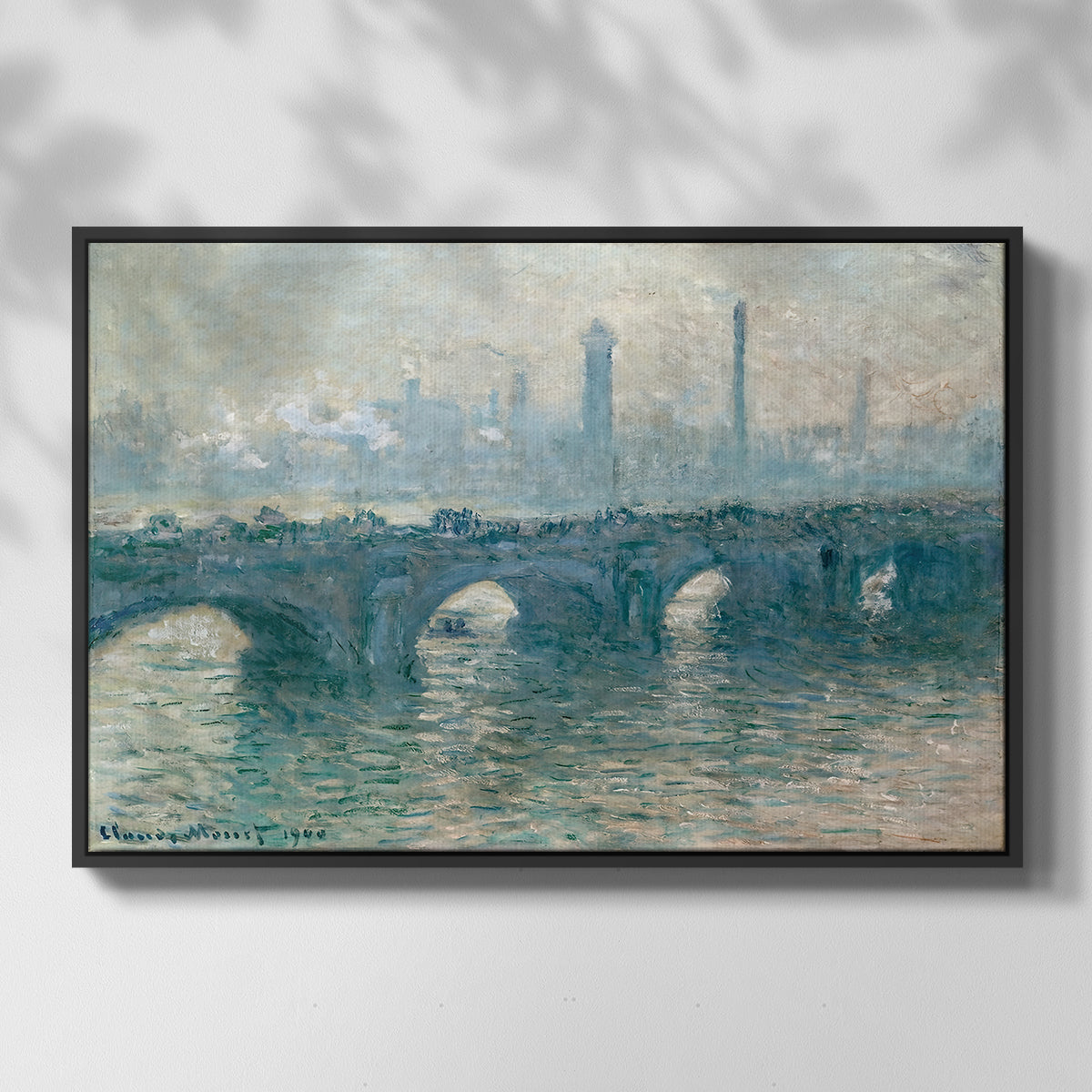 Front view of Waterloo Bridge, Gray Weather, 1900 by Claude Monet in a black floater framed canvas.