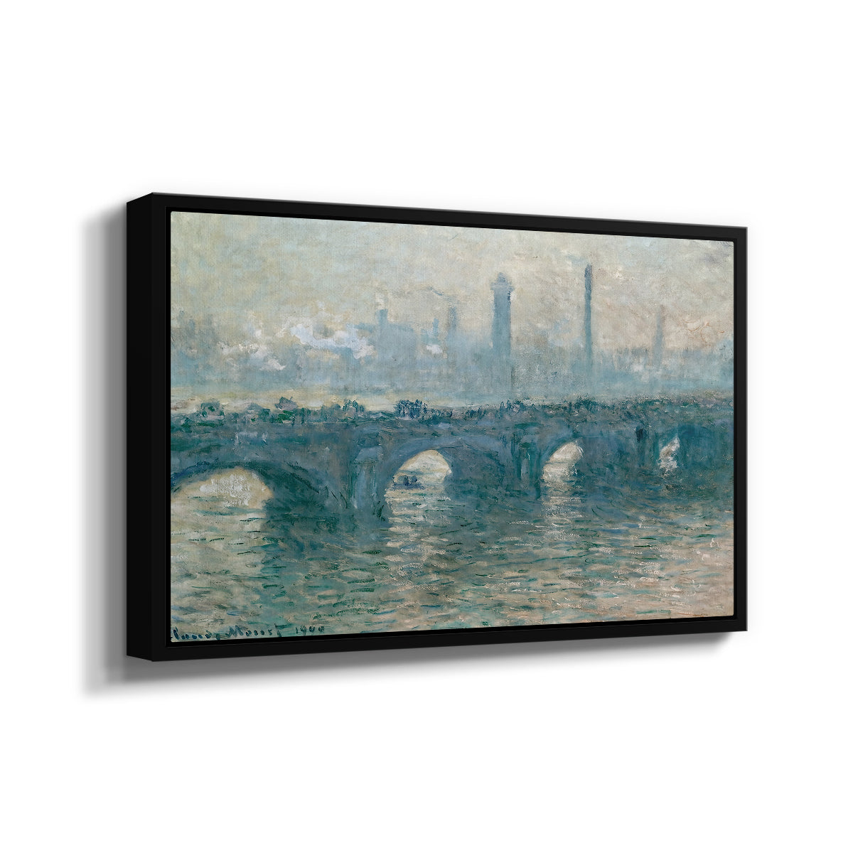Angled view of Waterloo Bridge, Gray Weather, 1900 by Claude Monet in a black floater framed canvas.