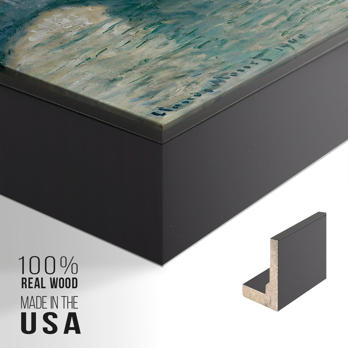 Close-up of the black floater frame corner and gallery wrapped canvas construction.