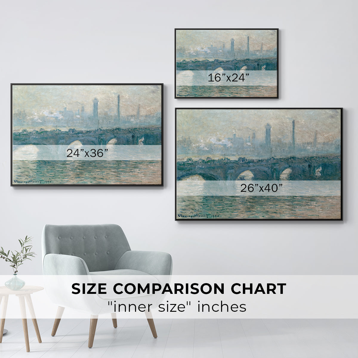Size comparison chart for black floater framed canvas featuring Waterloo Bridge, Gray Weather, 1900 by Claude Monet.