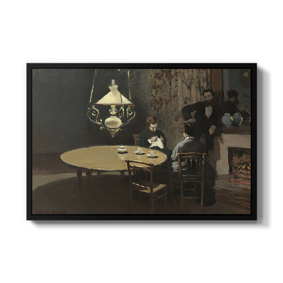 Interior, after Dinner, 1868-1869 by Claude Monet in a black floater framed canvas wall art display.