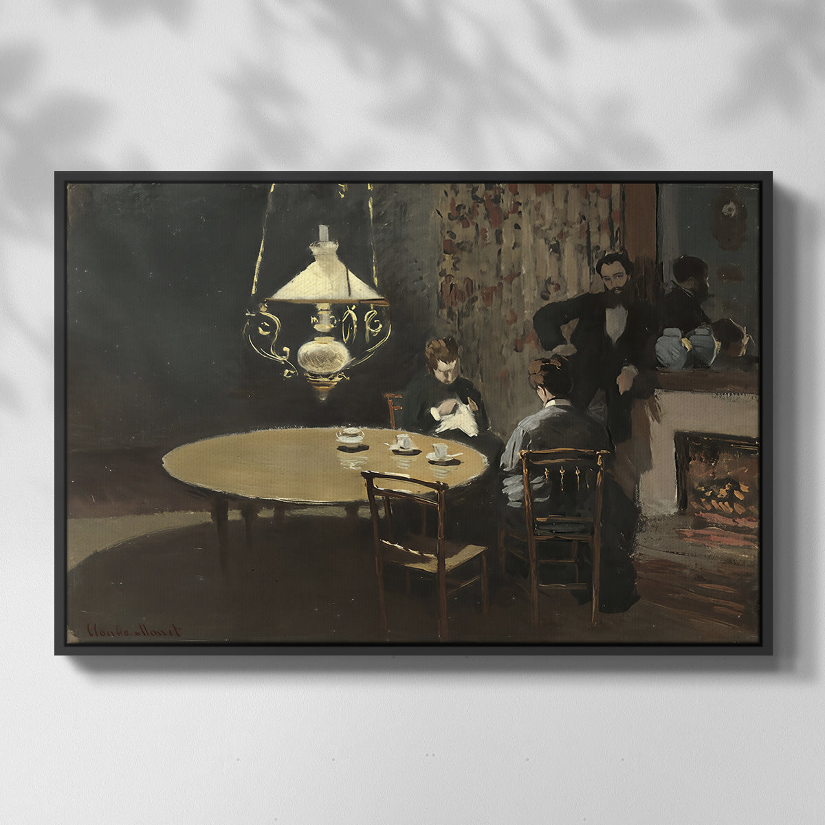 Front view of Interior, after Dinner, 1868-1869 by Claude Monet in a black floater framed canvas.