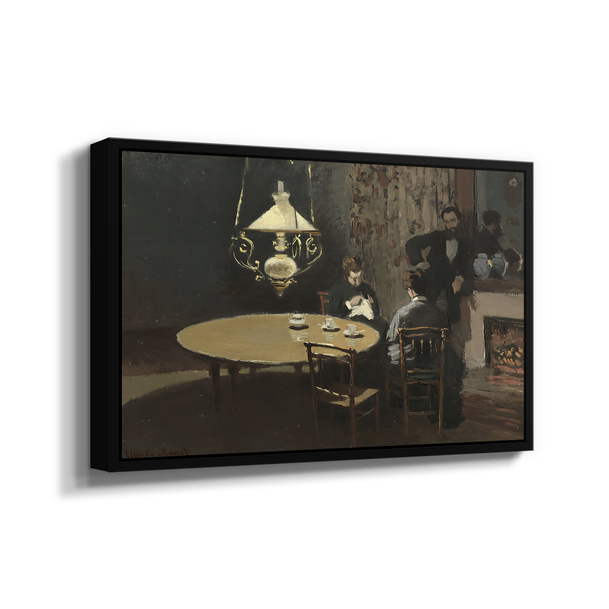 Angled view of Interior, after Dinner, 1868-1869 by Claude Monet in a black floater framed canvas.