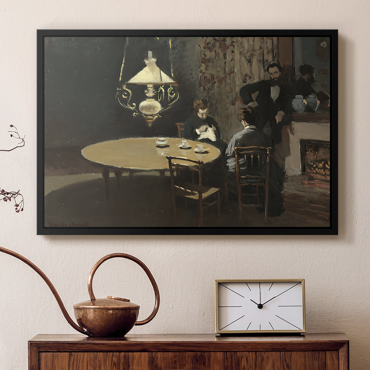 Black floater framed canvas featuring an impressionist interior showing aftermath of dinner with soft light, displayed above a cabinet in a soft-toned living room.