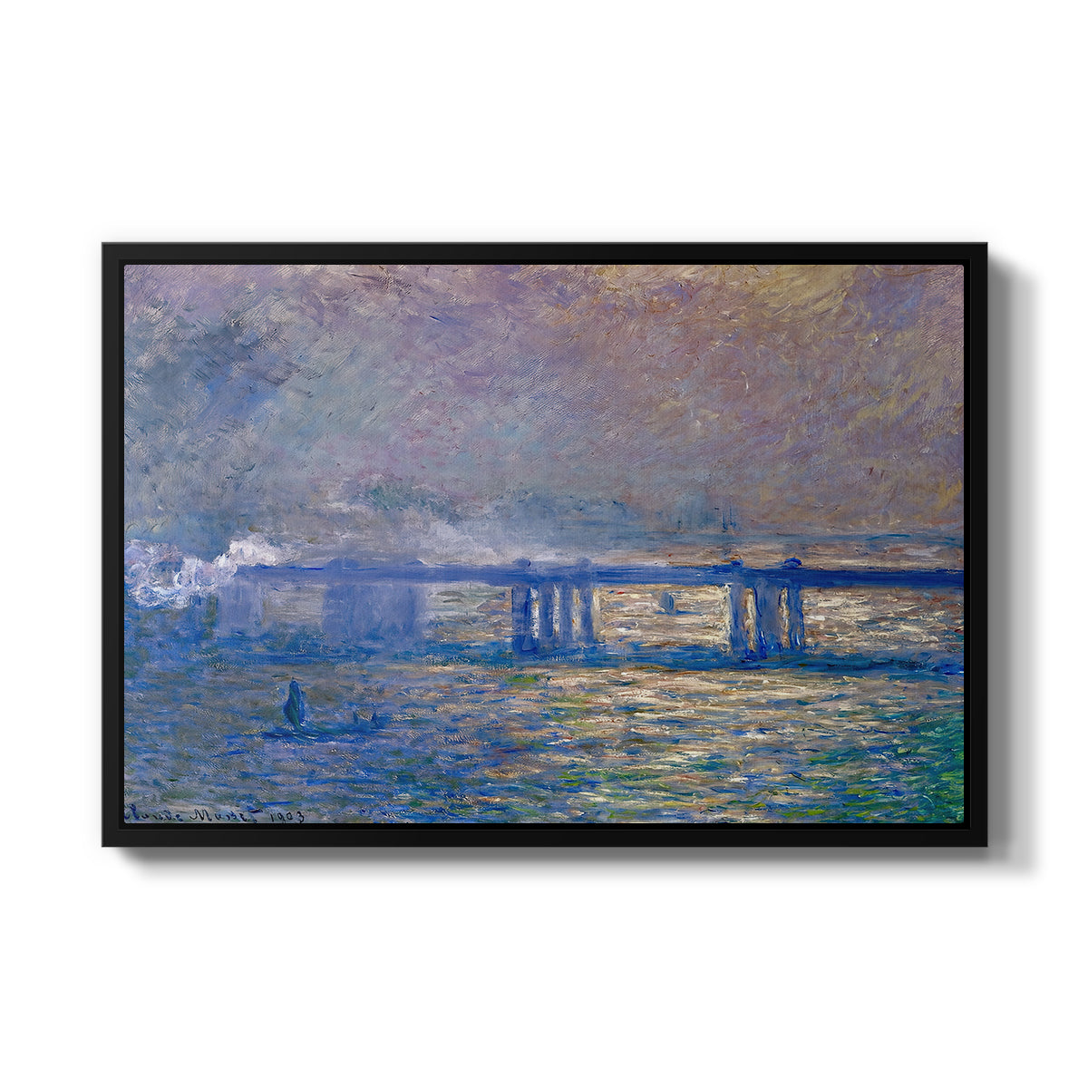 Charing Cross Bridge, 1903 by Claude Monet in a black floater framed canvas wall art display.