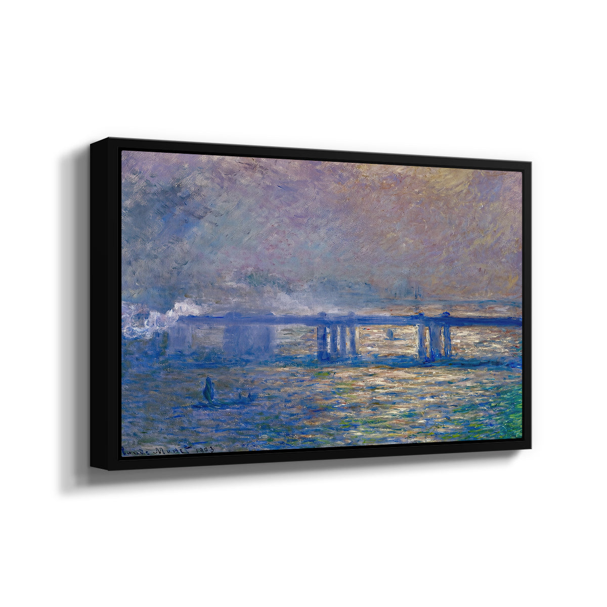 Angled view of Charing Cross Bridge, 1903 by Claude Monet in a black floater framed canvas.