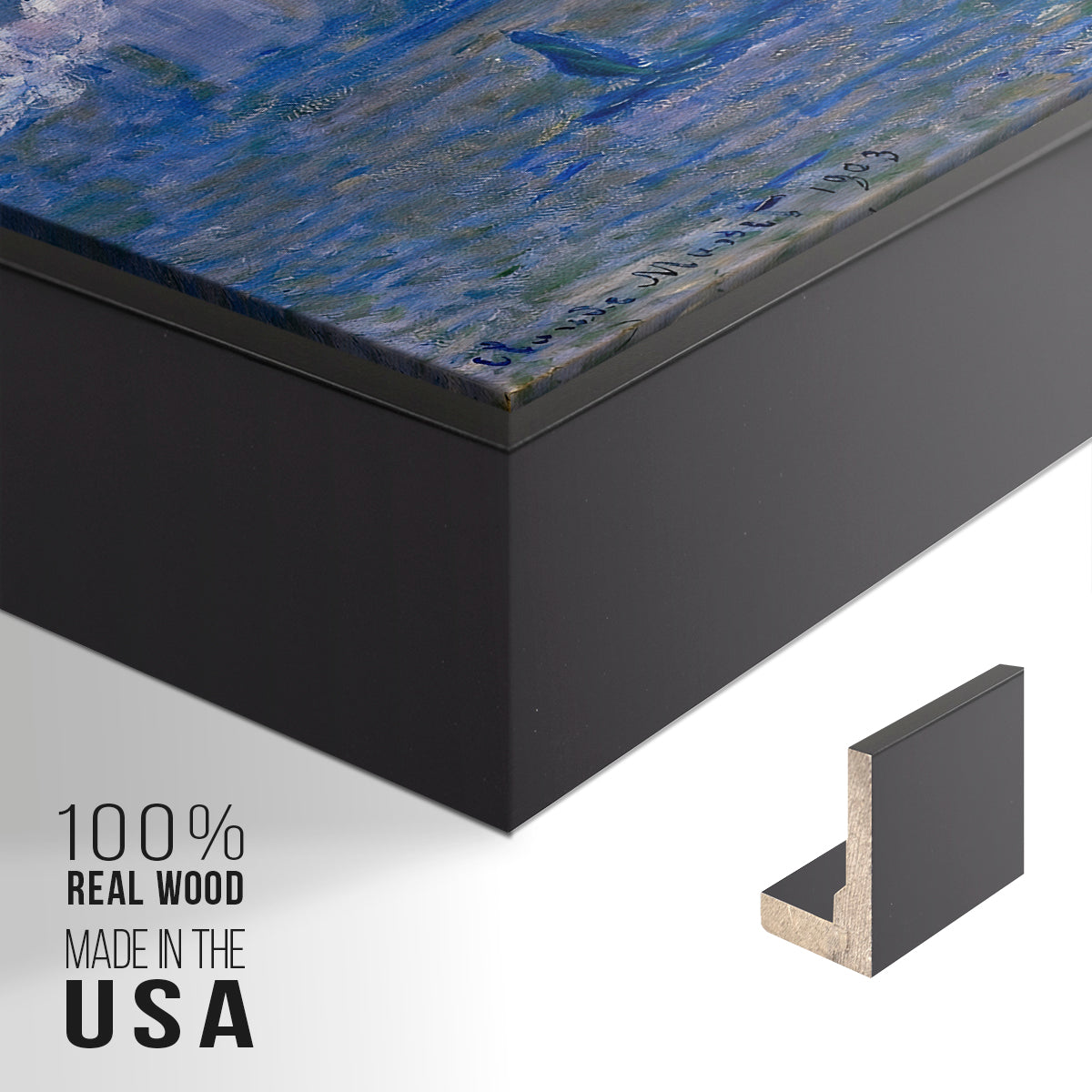 Close-up of the black floater frame corner and gallery wrapped canvas construction.