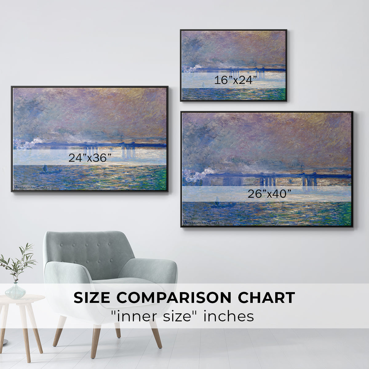 Size comparison chart for black floater framed canvas featuring Charing Cross Bridge, 1903 by Claude Monet.