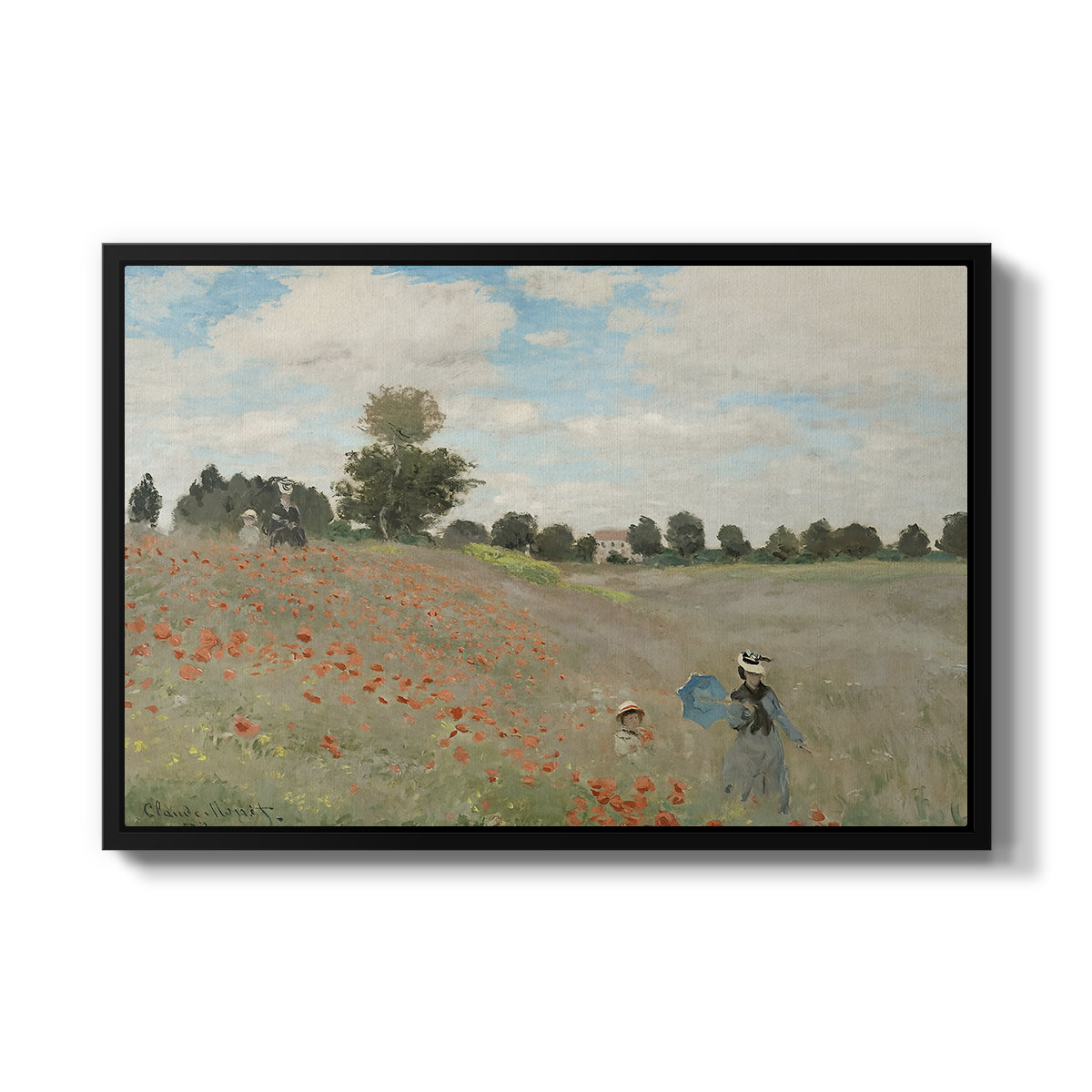 The Poppy Field near Argenteuil, 1873 by Claude Monet in a black floater framed canvas wall art display.