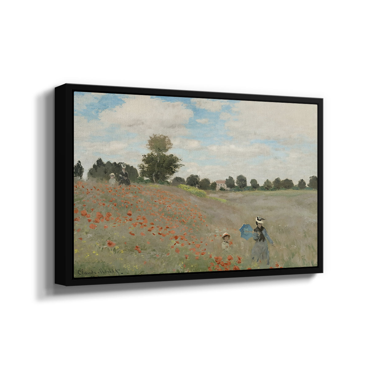Angled view of The Poppy Field near Argenteuil, 1873 by Claude Monet in a black floater framed canvas.