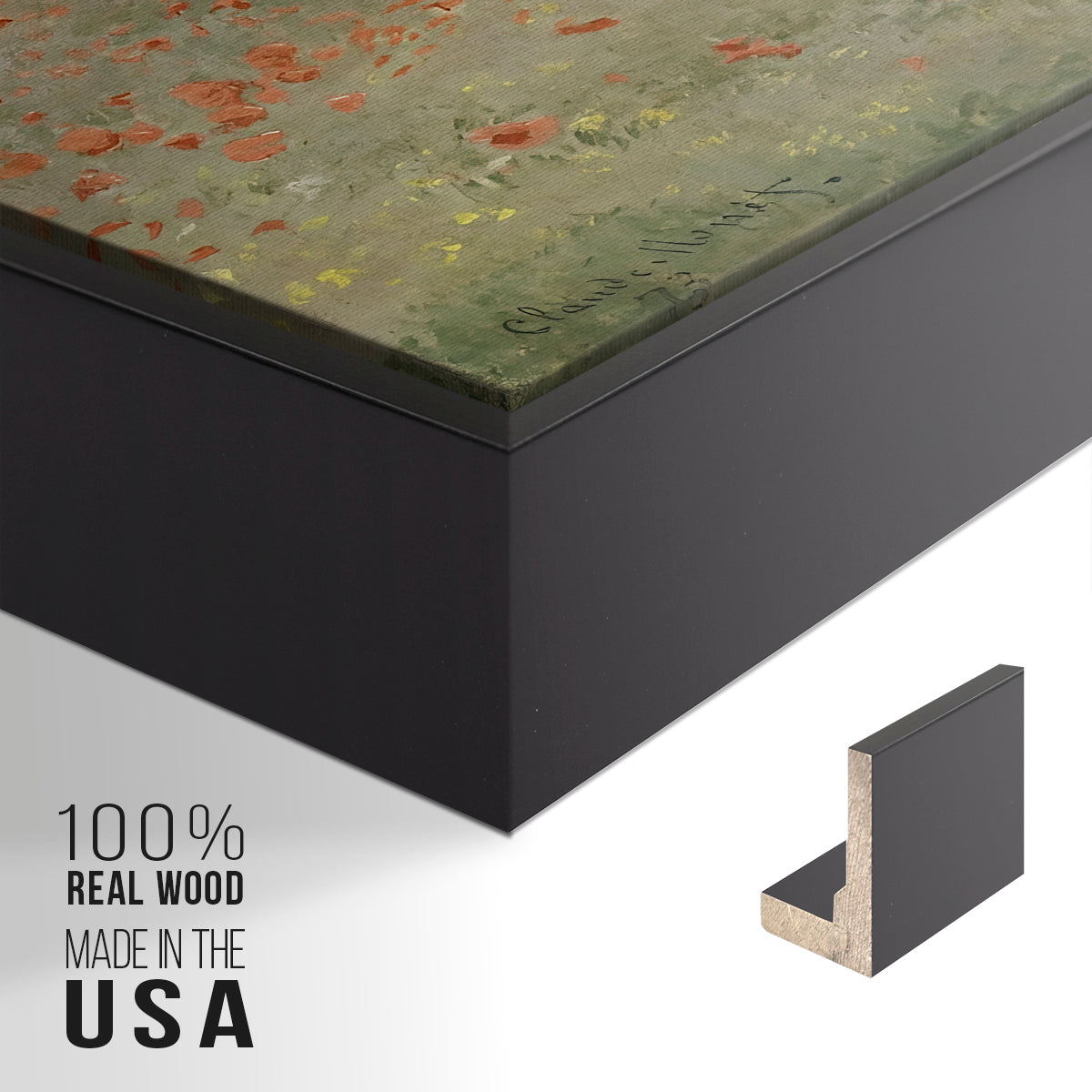 Close-up of the black floater frame corner and gallery wrapped canvas construction.