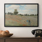 The Poppy Field near Argenteuil, 1873 by Claude Monet in a black floater framed canvas displayed above a console table in a hallway, featuring a rural landscape with scattered figures among blooming flowers.