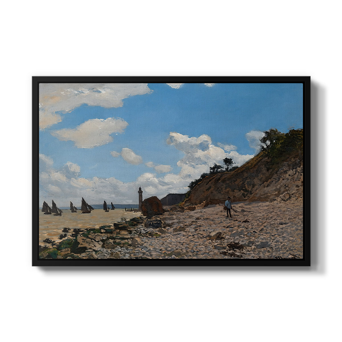 The Beach at Honfleur, 1864 by Claude Monet in a black floater framed canvas wall art display.
