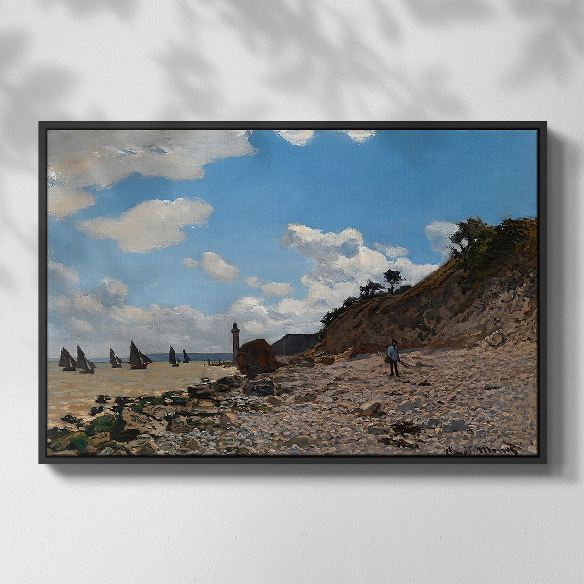 Front view of The Beach at Honfleur, 1864 by Claude Monet in a black floater framed canvas.