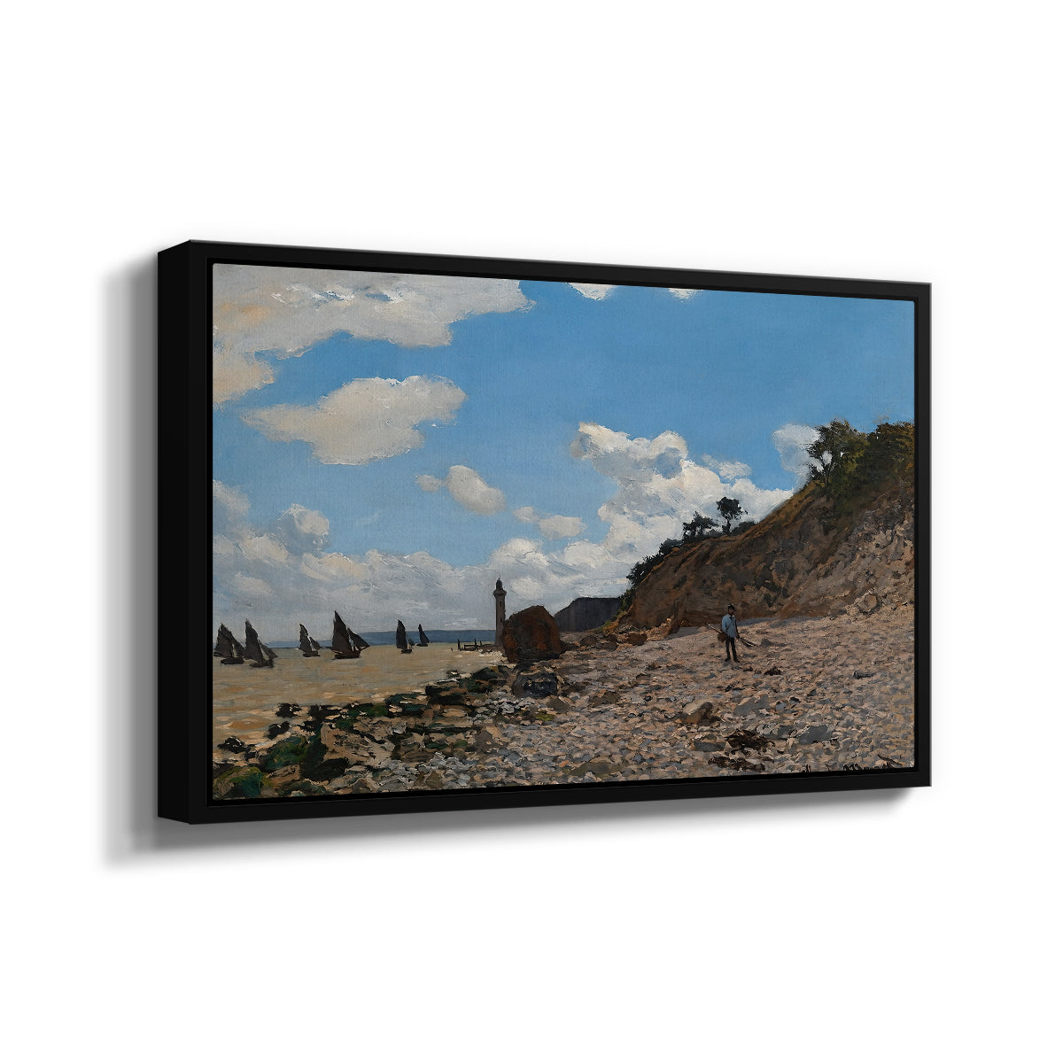 Angled view of The Beach at Honfleur, 1864 by Claude Monet in a black floater framed canvas.