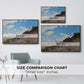 Size comparison chart for black floater framed canvas featuring The Beach at Honfleur, 1864 by Claude Monet.