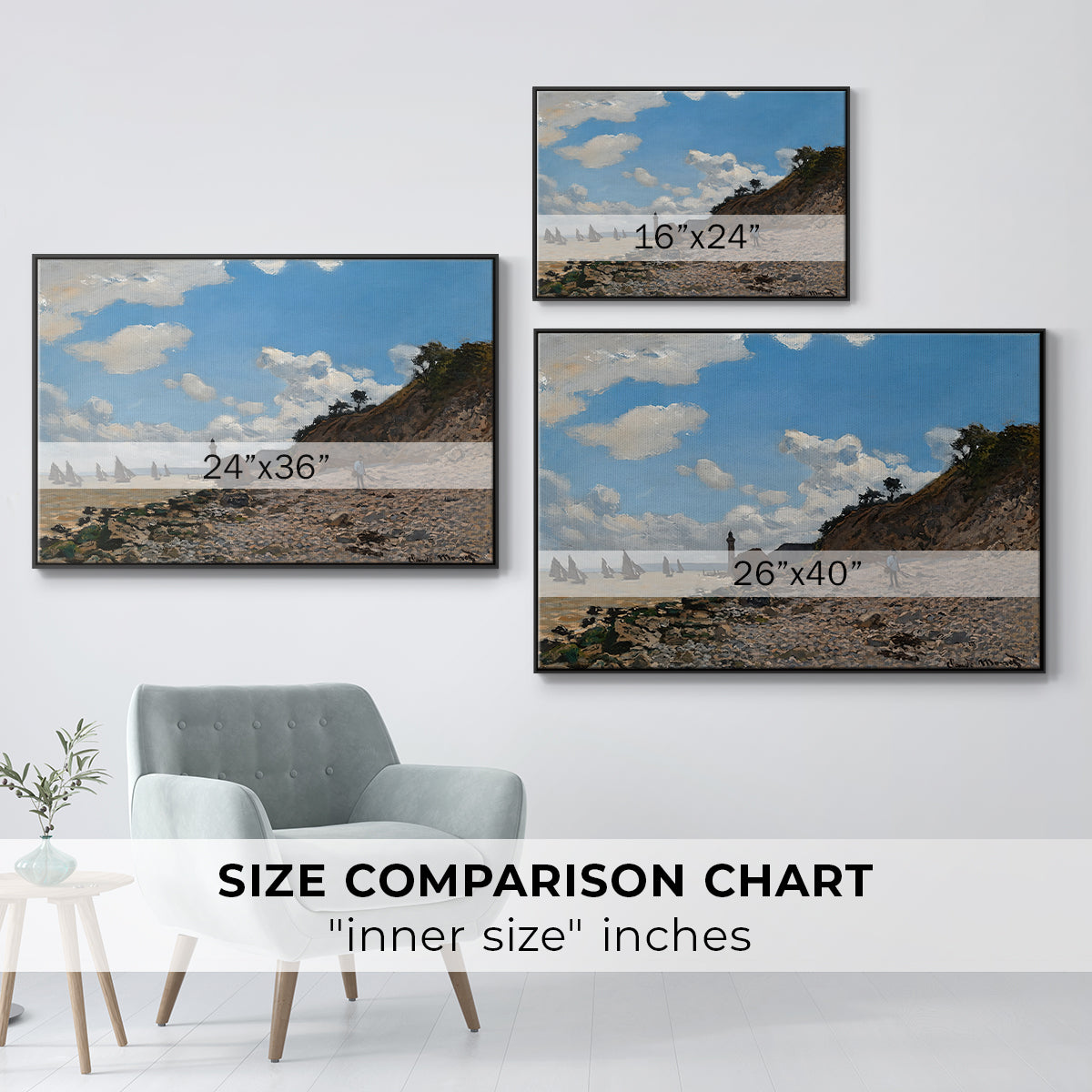 Size comparison chart for black floater framed canvas featuring The Beach at Honfleur, 1864 by Claude Monet.