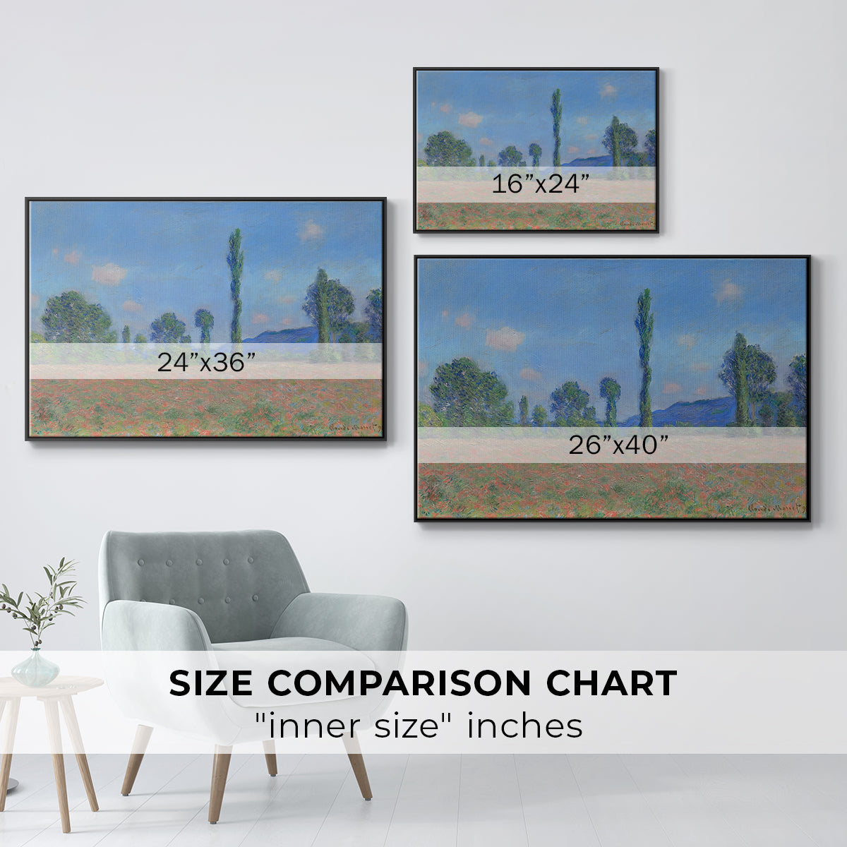 Size comparison chart for black floater framed canvas featuring Poppy Field (Giverny), 1890-1891 by Claude Monet.