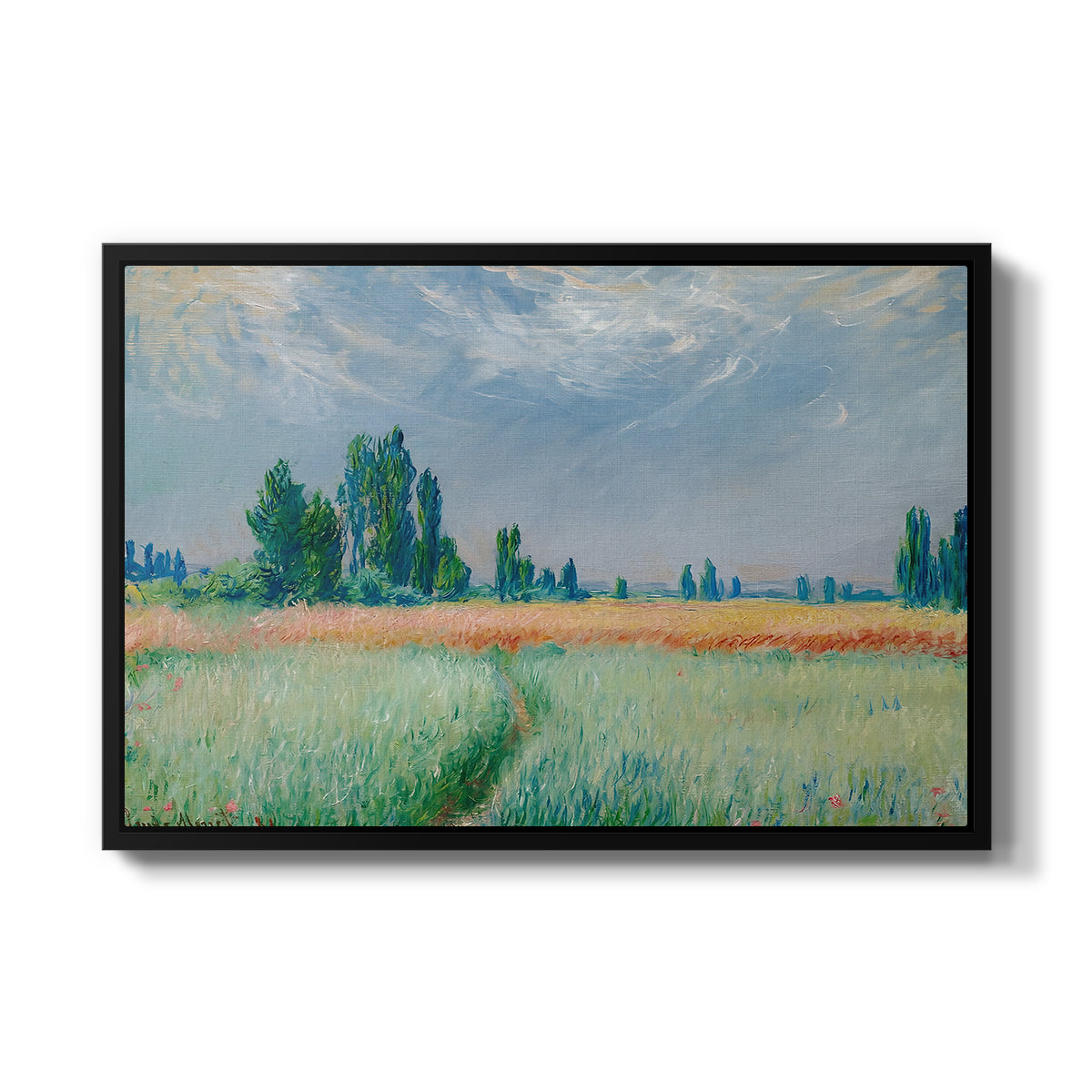 The Wheat Field (Champ de Blé), 1881 by Claude Monet in a black floater framed canvas wall art display.