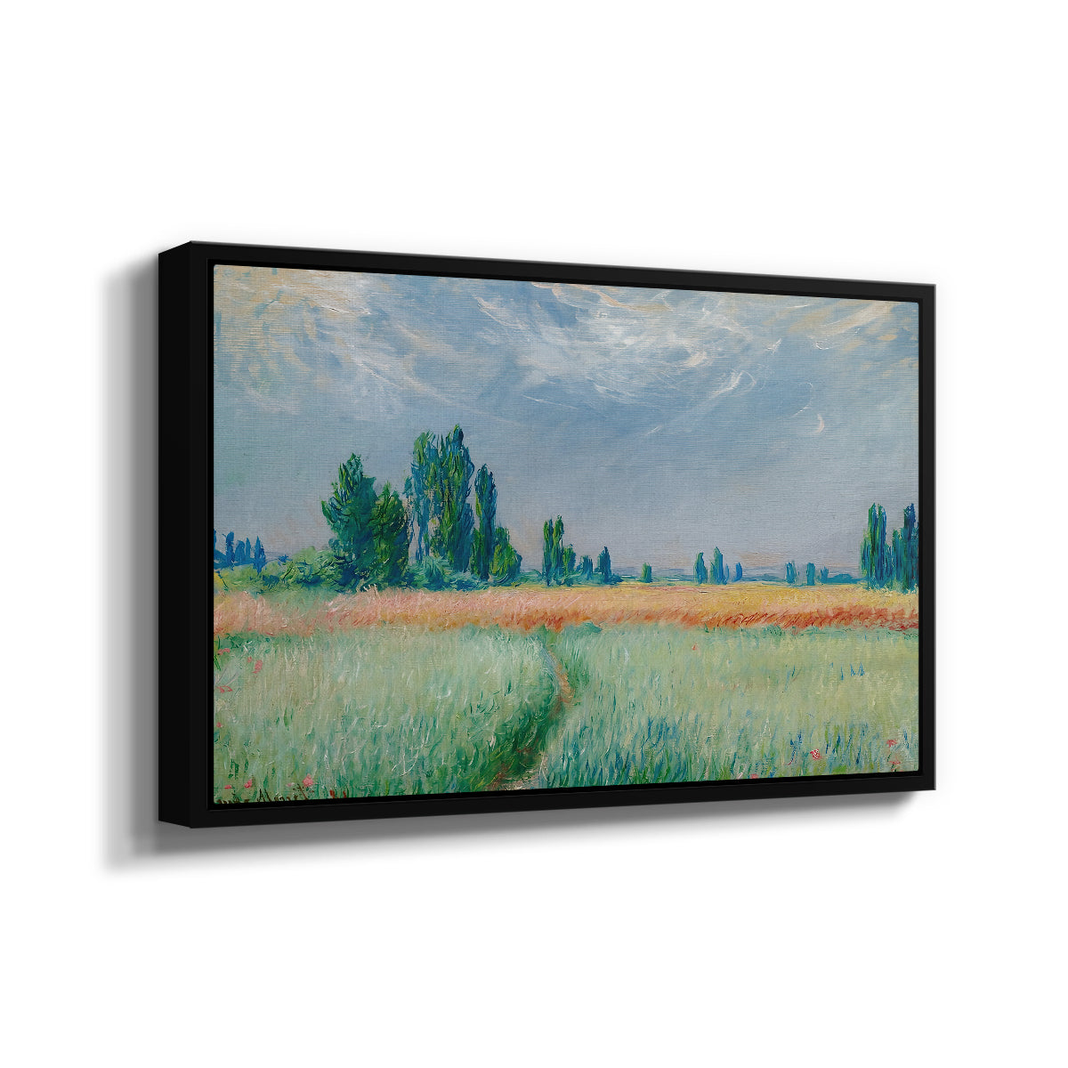 Angled view of The Wheat Field (Champ de Blé), 1881 by Claude Monet in a black floater framed canvas.
