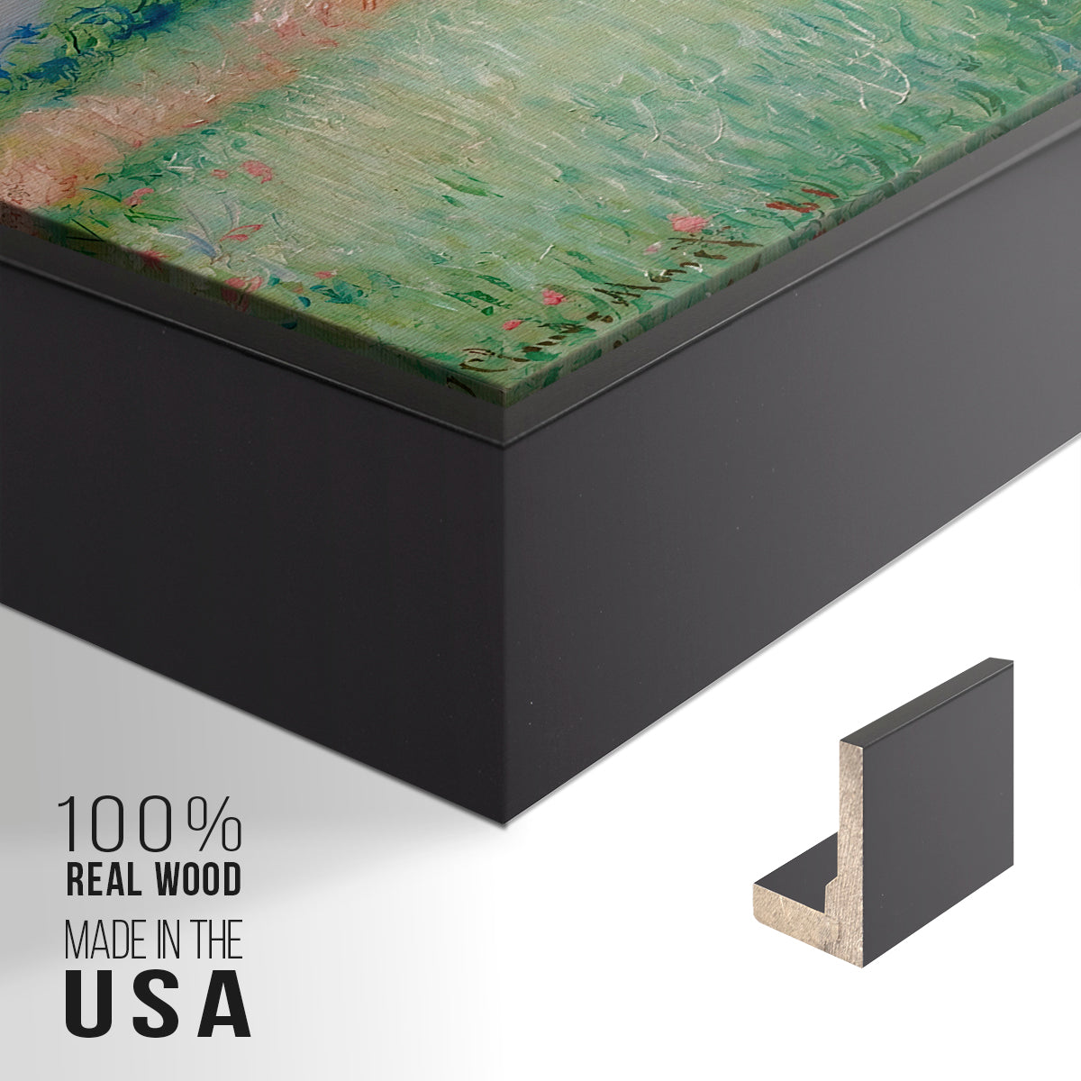 Close-up of the black floater frame corner and gallery wrapped canvas construction.