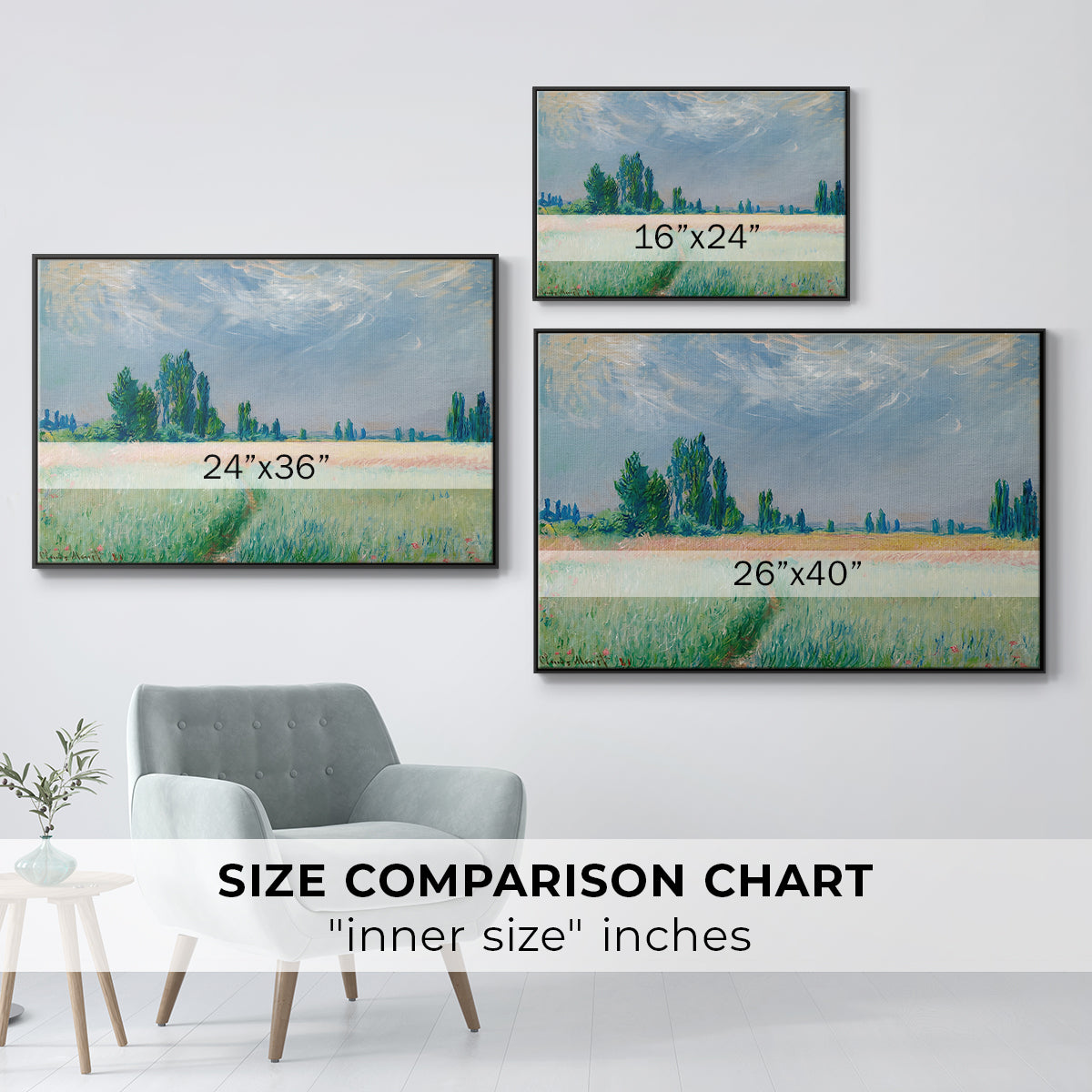 Size comparison chart for black floater framed canvas featuring The Wheat Field (Champ de Blé), 1881 by Claude Monet.