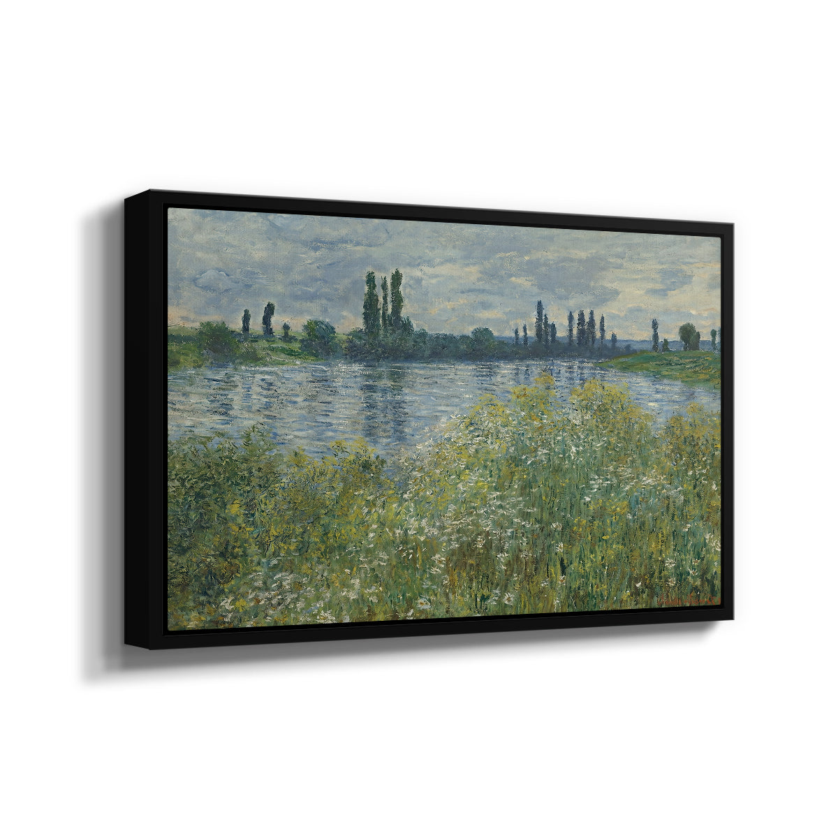 Angled view of Banks of the Seine, Vétheuil, 1880 by Claude Monet in a black floater framed canvas.