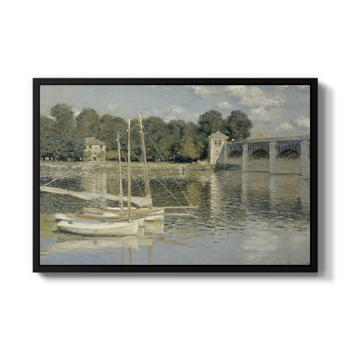 The Bridge at Argenteuil, 1874 by Claude Monet in a black floater framed canvas wall art display.