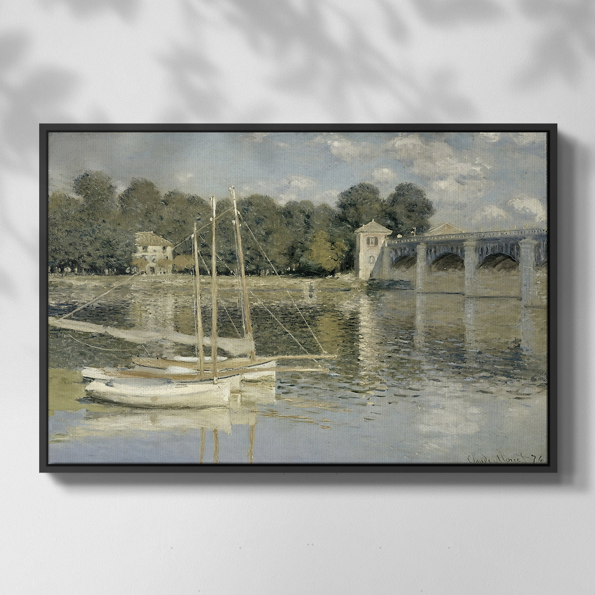 Front view of The Bridge at Argenteuil, 1874 by Claude Monet in a black floater framed canvas.