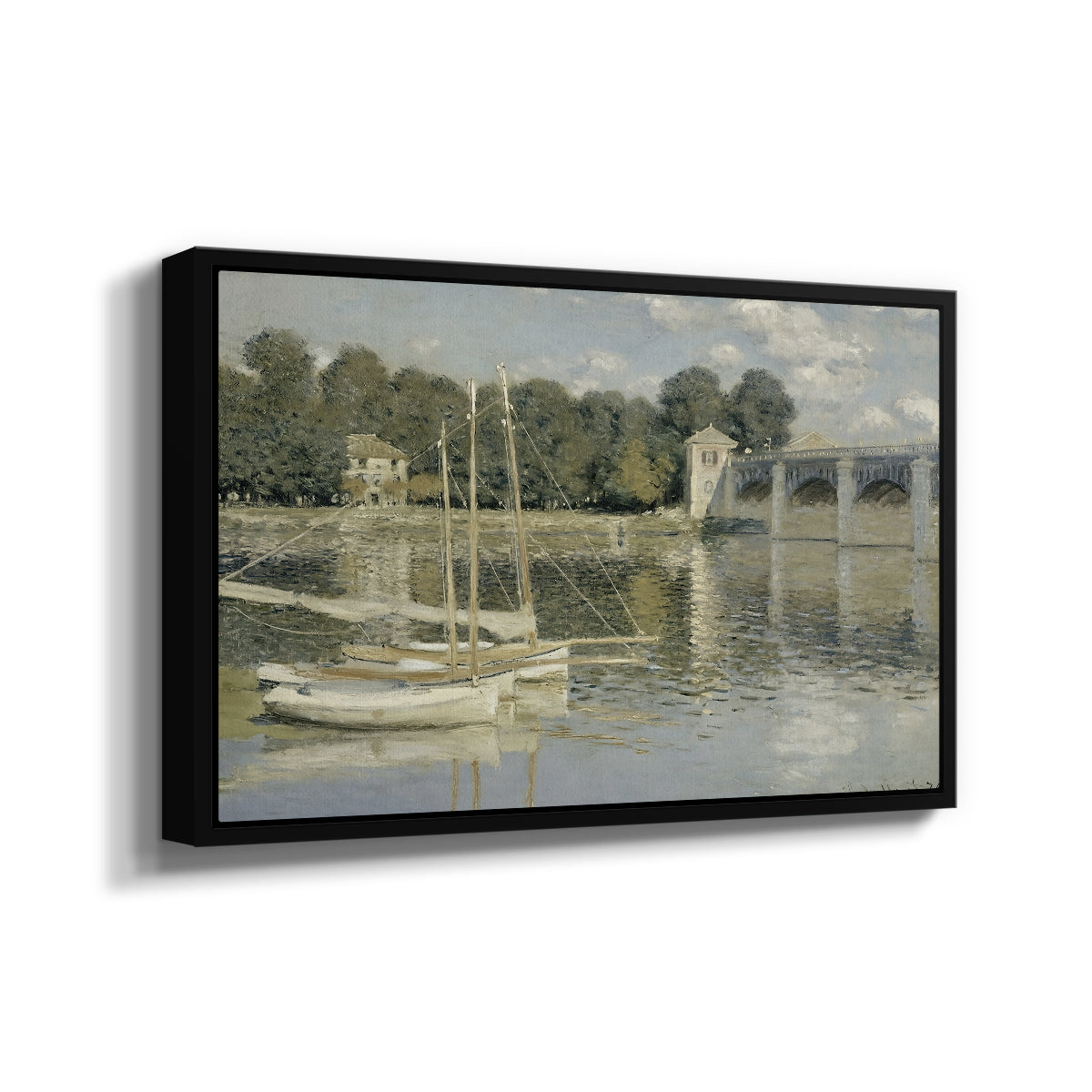 Angled view of The Bridge at Argenteuil, 1874 by Claude Monet in a black floater framed canvas.