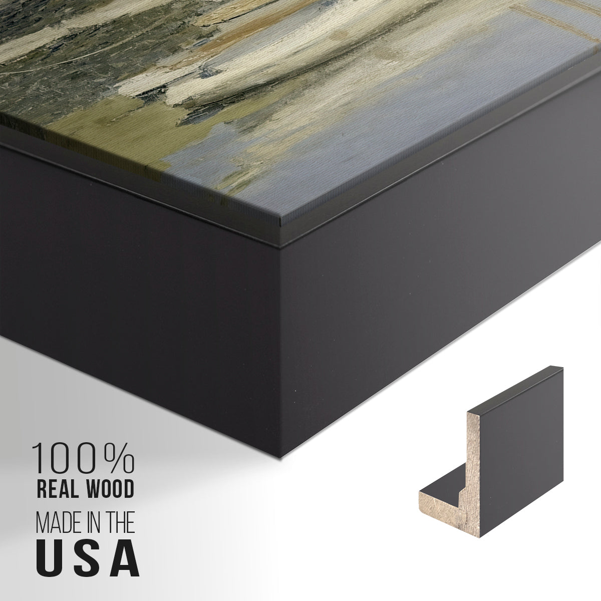 Close-up of the black floater frame corner and gallery wrapped canvas construction.