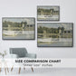 Size comparison chart for black floater framed canvas featuring The Bridge at Argenteuil, 1874 by Claude Monet.