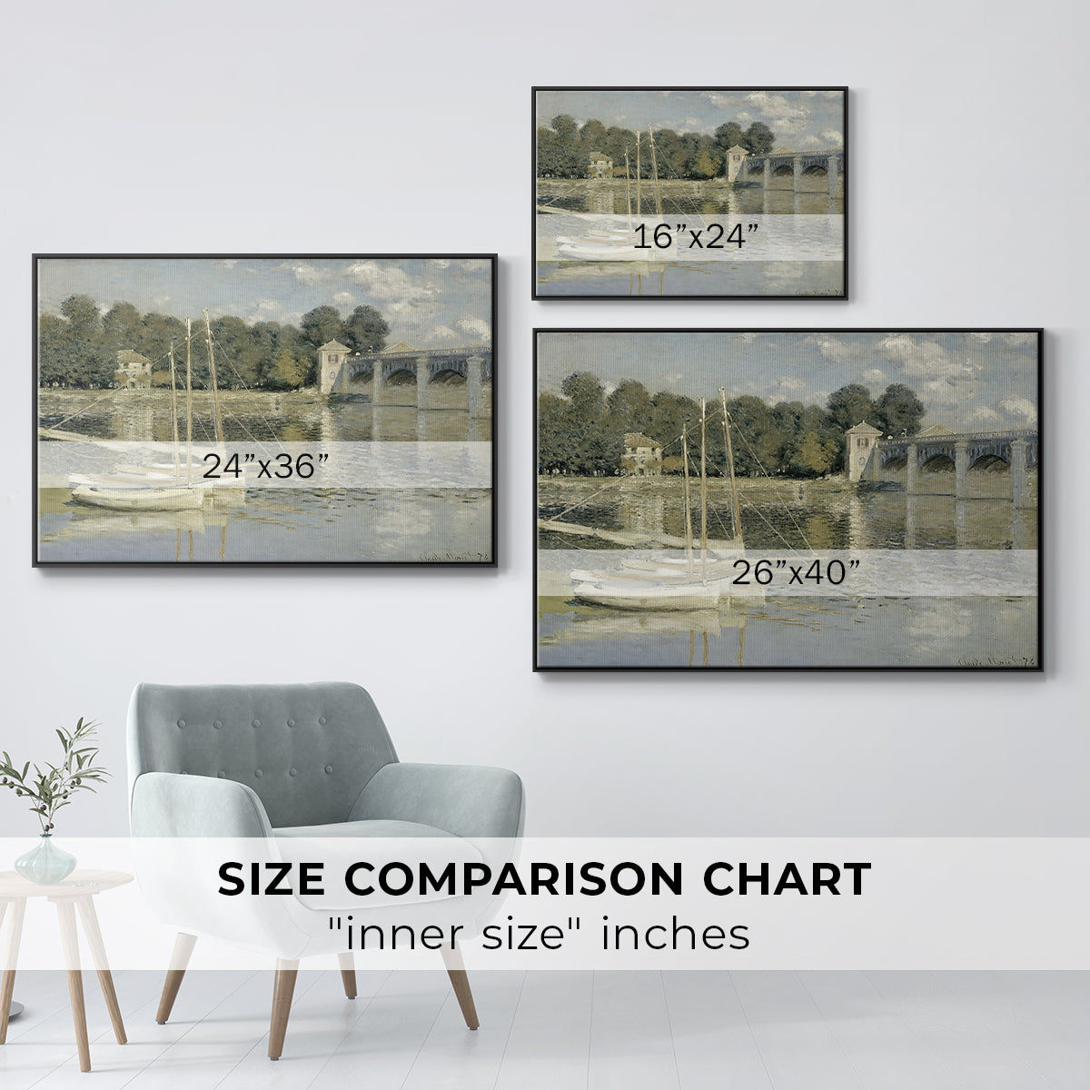 Size comparison chart for black floater framed canvas featuring The Bridge at Argenteuil, 1874 by Claude Monet.