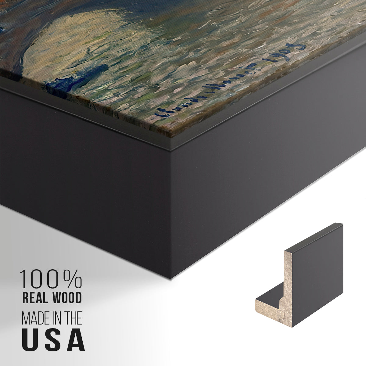 Close-up of the black floater frame corner and gallery wrapped canvas construction.